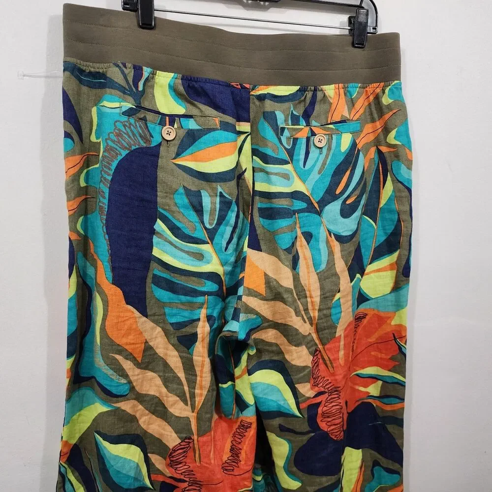 Soft Surroundings Aliso Point Tropical Linen Pants Hawaiian Green Wide Leg Sz L